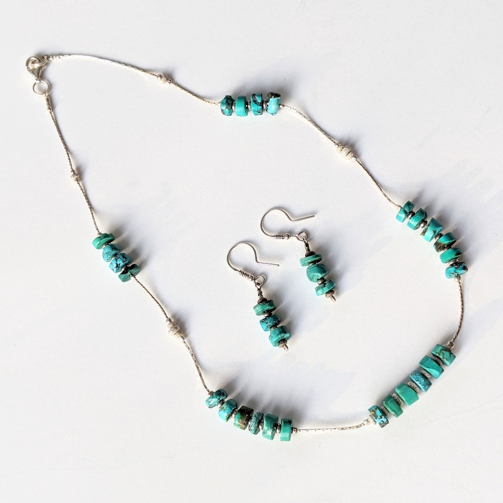 Silver & Turquoise Stone Necklace / Earrings Set